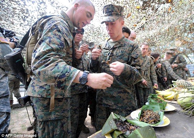 Para prajurit marinir Amerika Serikat yang berlatih di Thailand  dilatih memakan kalajengking