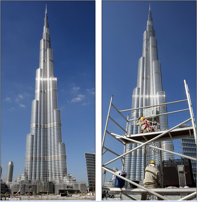 bagian- bagian yang belum selesai dari gedung pencakar langit tertinggi di dunia burj dubai